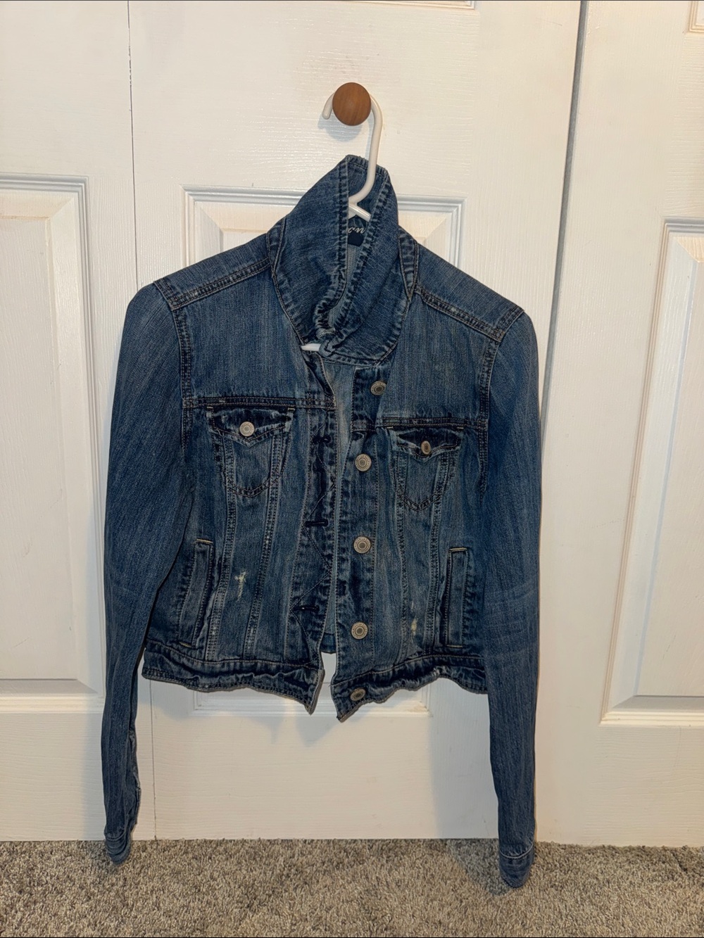 American Eagle Outfitters Distressed Dark Blue Denim Jacket